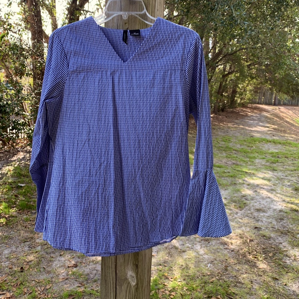 New directions, medium, blue and white plaid top.